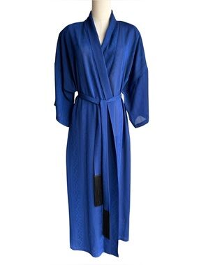 Vintage Cobalt Blue Jacquard Robe O/S Belted Tassel Lounge Kimono Dressing Gown